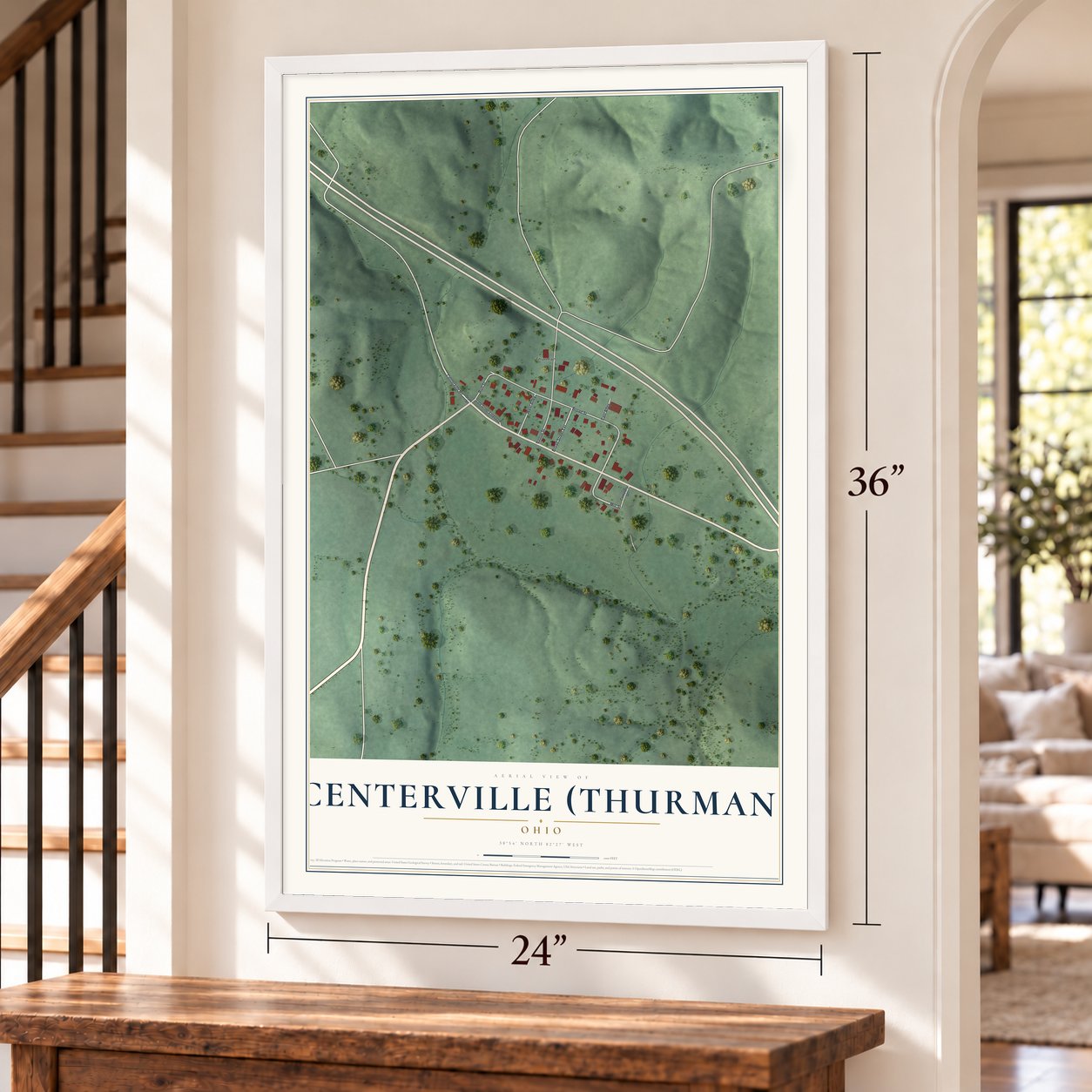 Centerville (Thurman), Ohio map, 24 x 36 inch print in a white frame by a staircase