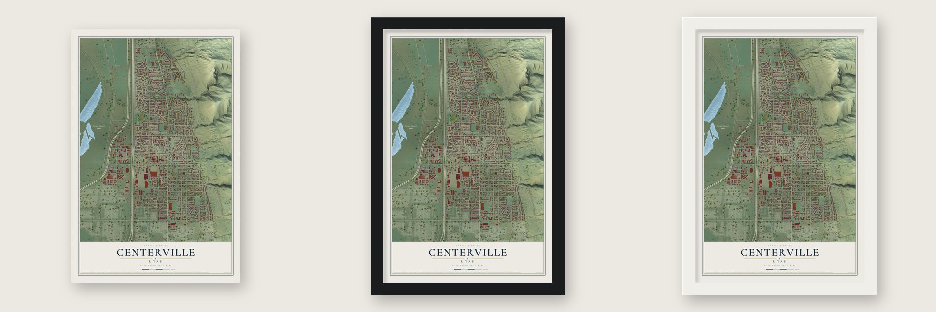 Centerville, Utah map unframed, in a black wood frame and in a white wood frame