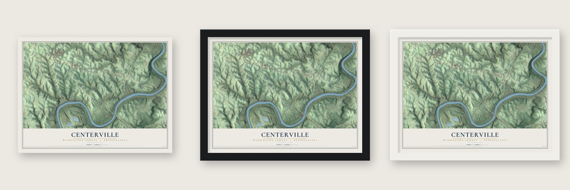 Centerville, Washington County, Pennsylvania map unframed, in a black wood frame and in a white wood frame