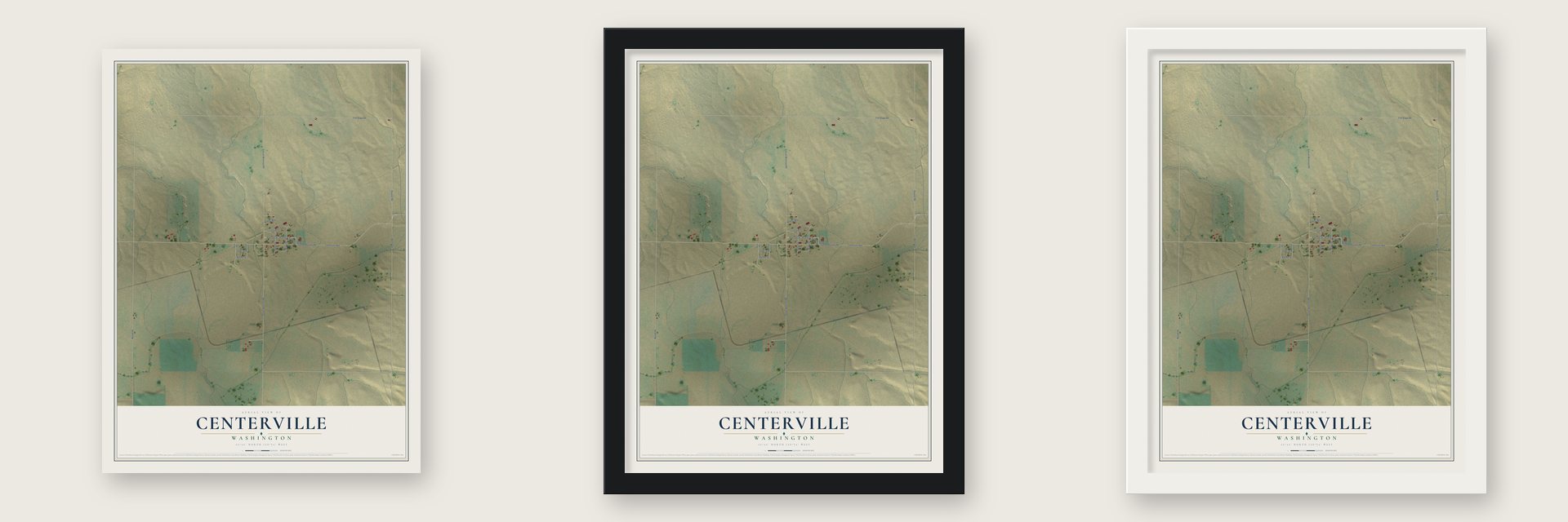 Centerville, Washington map unframed, in a black wood frame and in a white wood frame