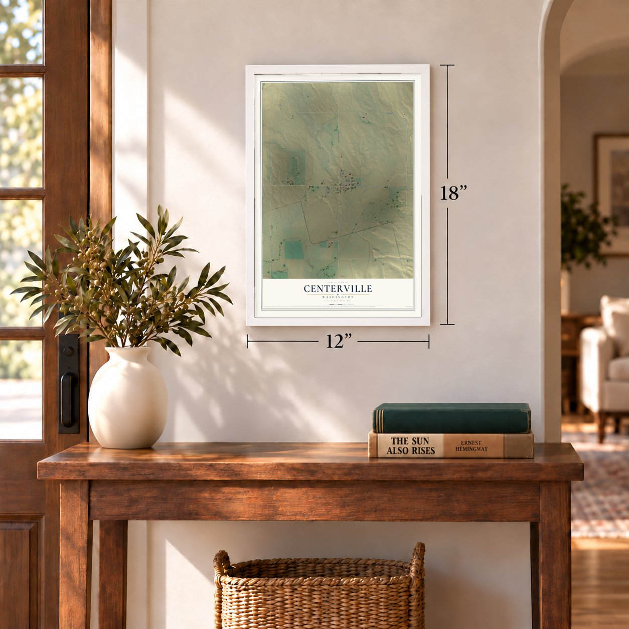 Centerville, Washington map, 12 x 18 inch print in a white frame in an entryway