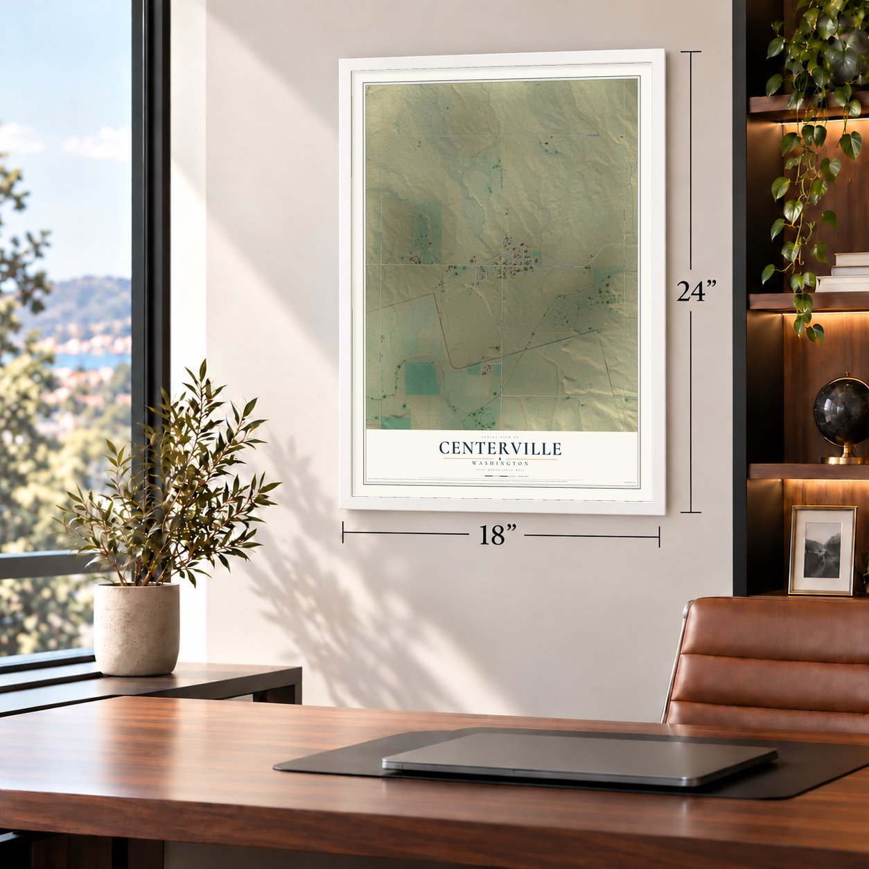 Centerville, Washington map, 18 x 24 inch print in a white frame in a home office