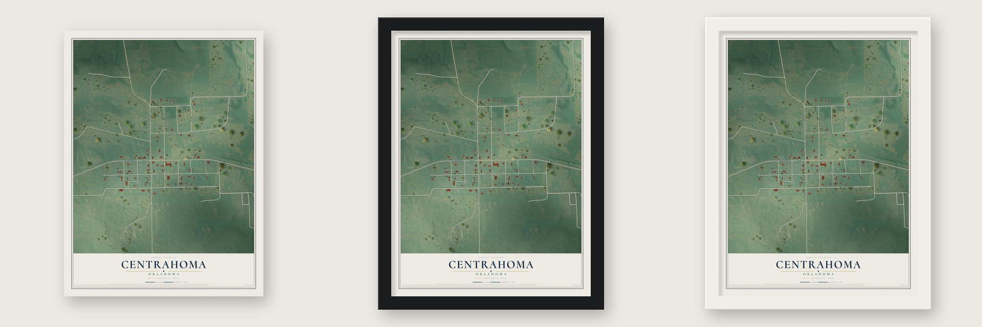 Centrahoma, Oklahoma map unframed, in a black wood frame and in a white wood frame