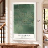 Centrahoma, Oklahoma map, 24 x 36 inch print in a white frame by a staircase