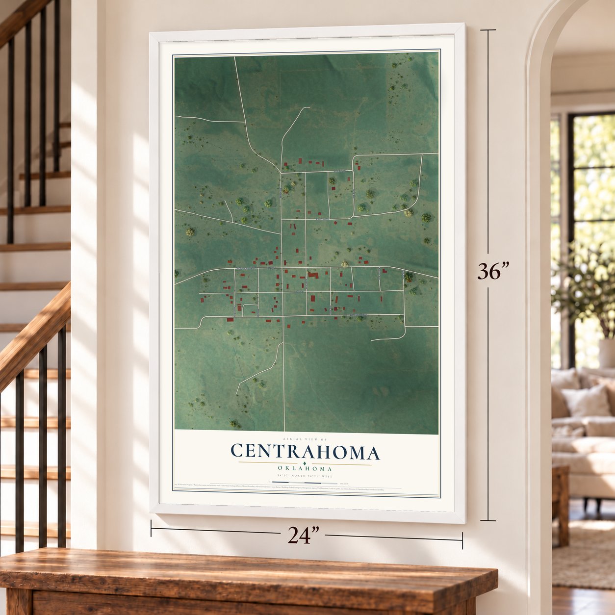 Centrahoma, Oklahoma map, 24 x 36 inch print in a white frame by a staircase