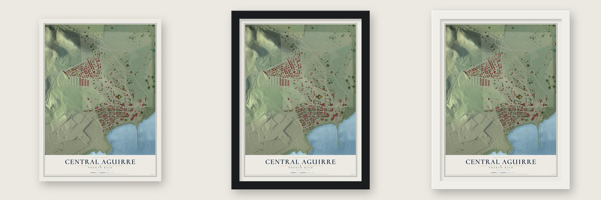 Central Aguirre, Puerto Rico map unframed, in a black wood frame and in a white wood frame