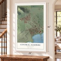 Central Aguirre, Puerto Rico map, 24 x 36 inch print in a white frame by a staircase