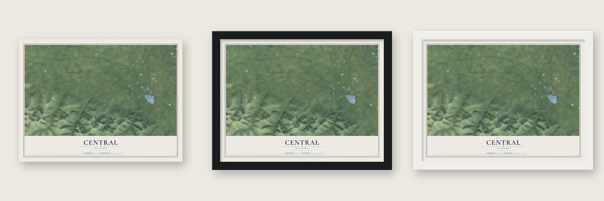 Central, Alaska map unframed, in a black wood frame and in a white wood frame