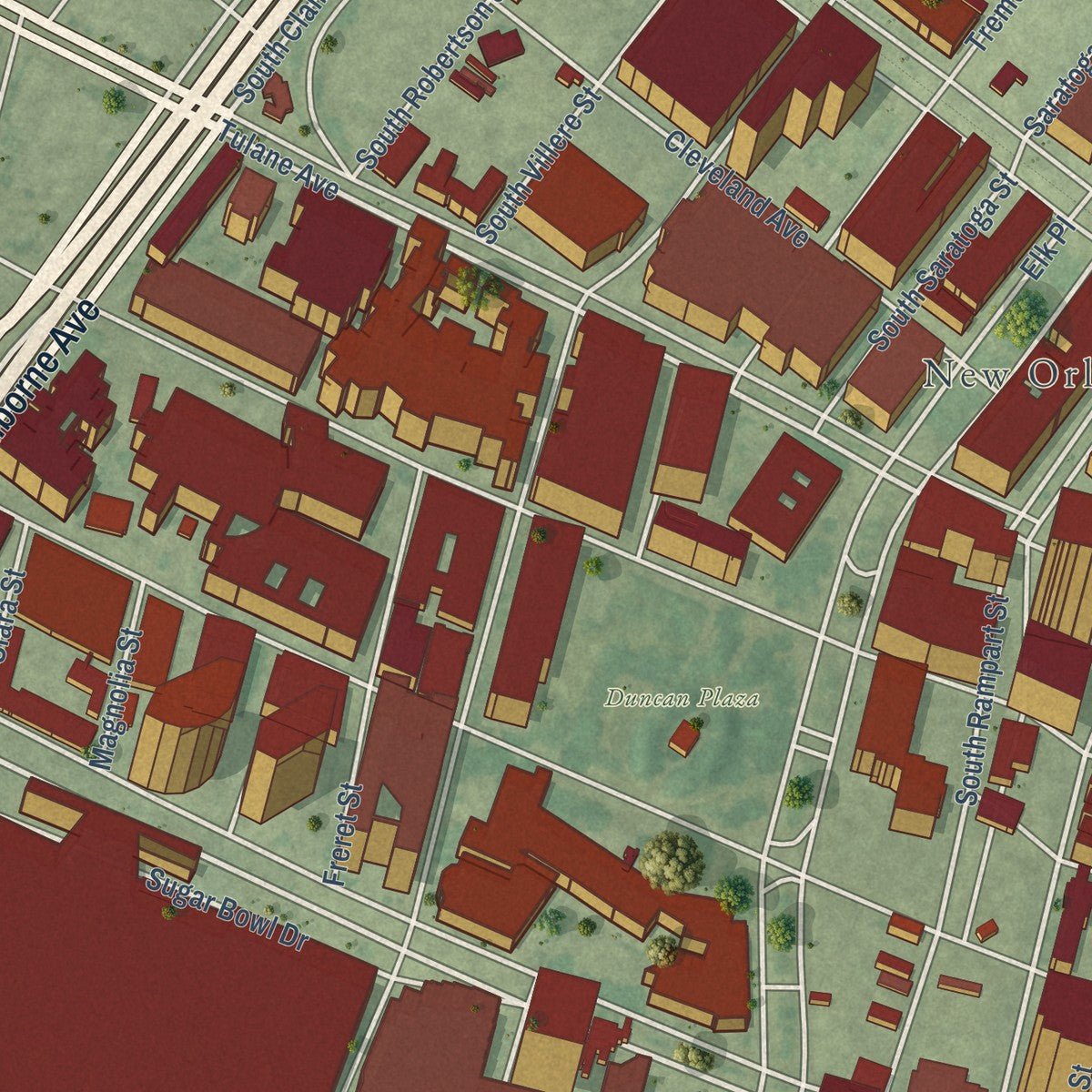 Second close-up of the map of Central Business District, Louisiana print showing more streets and buildings