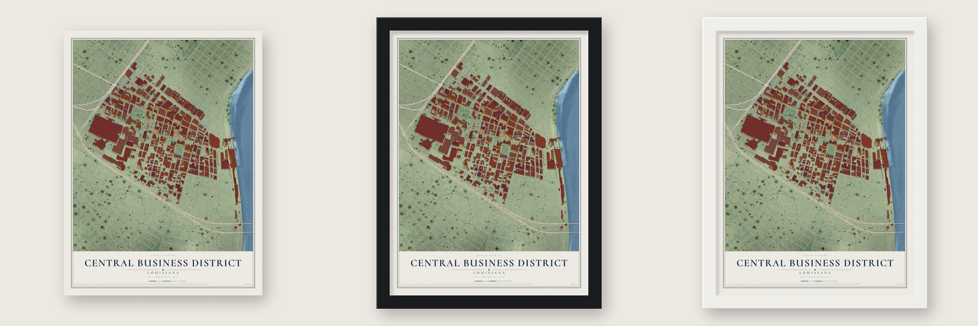 Central Business District, Louisiana map unframed, in a black wood frame and in a white wood frame