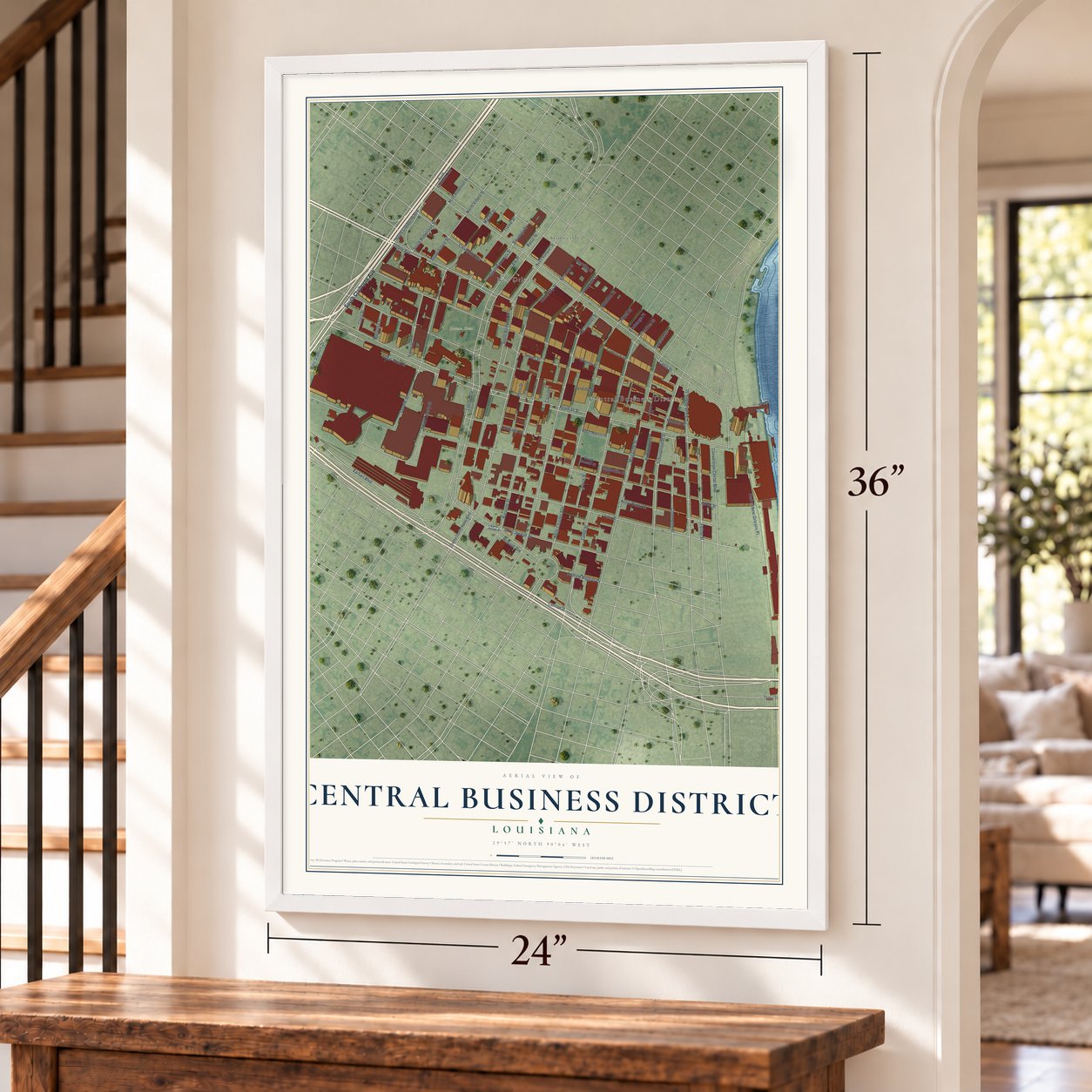 Central Business District, Louisiana map, 24 x 36 inch print in a white frame by a staircase