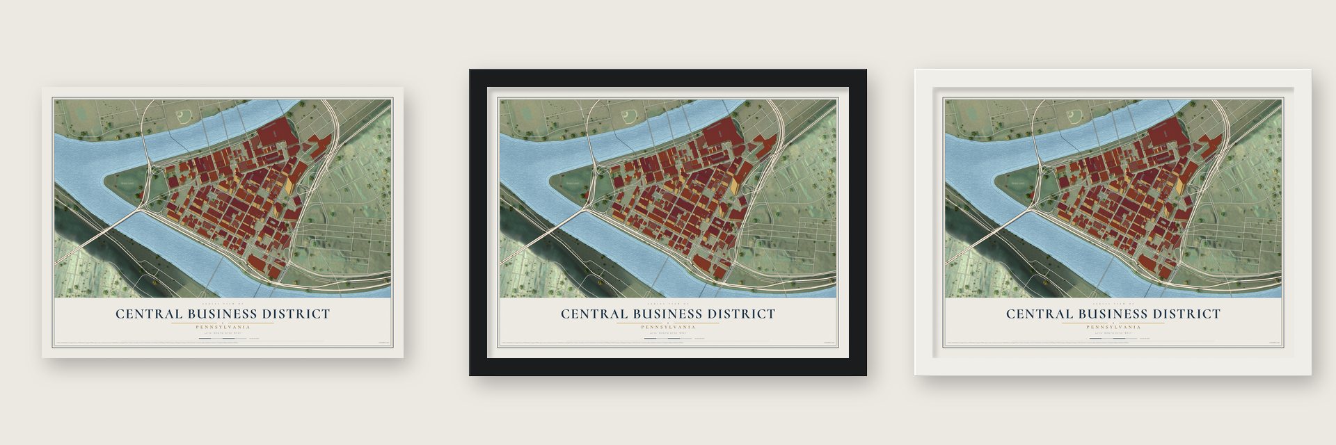 Central Business District, Pennsylvania map unframed, in a black wood frame and in a white wood frame
