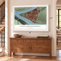Central Business District, Pennsylvania map, 24 x 36 inch print in a white frame above a dresser by a staircase