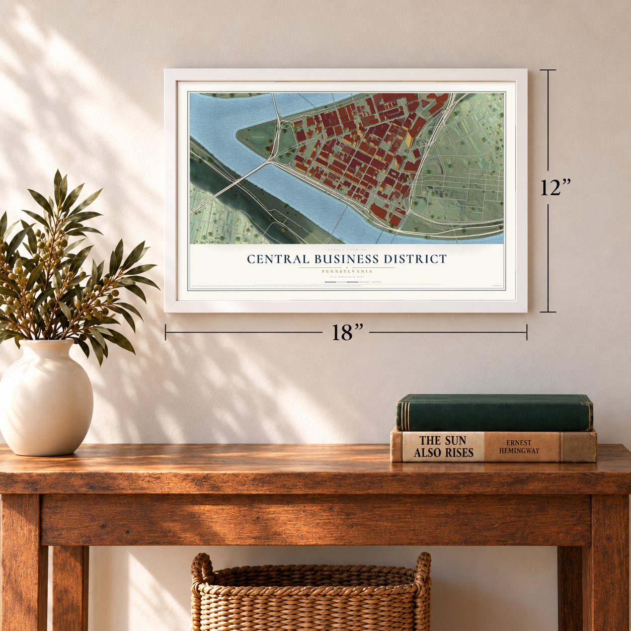 Central Business District, Pennsylvania map, 12 x 18 inch print in a white frame in an entryway