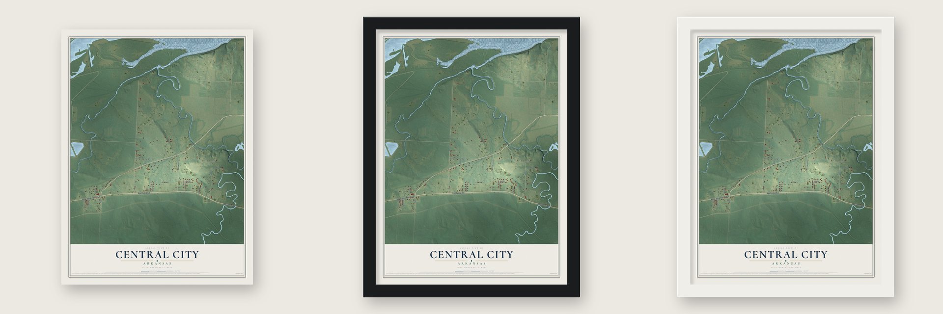 Central City, Arkansas map unframed, in a black wood frame and in a white wood frame