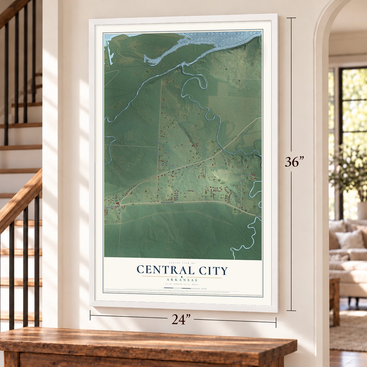Central City, Arkansas map, 24 x 36 inch print in a white frame by a staircase