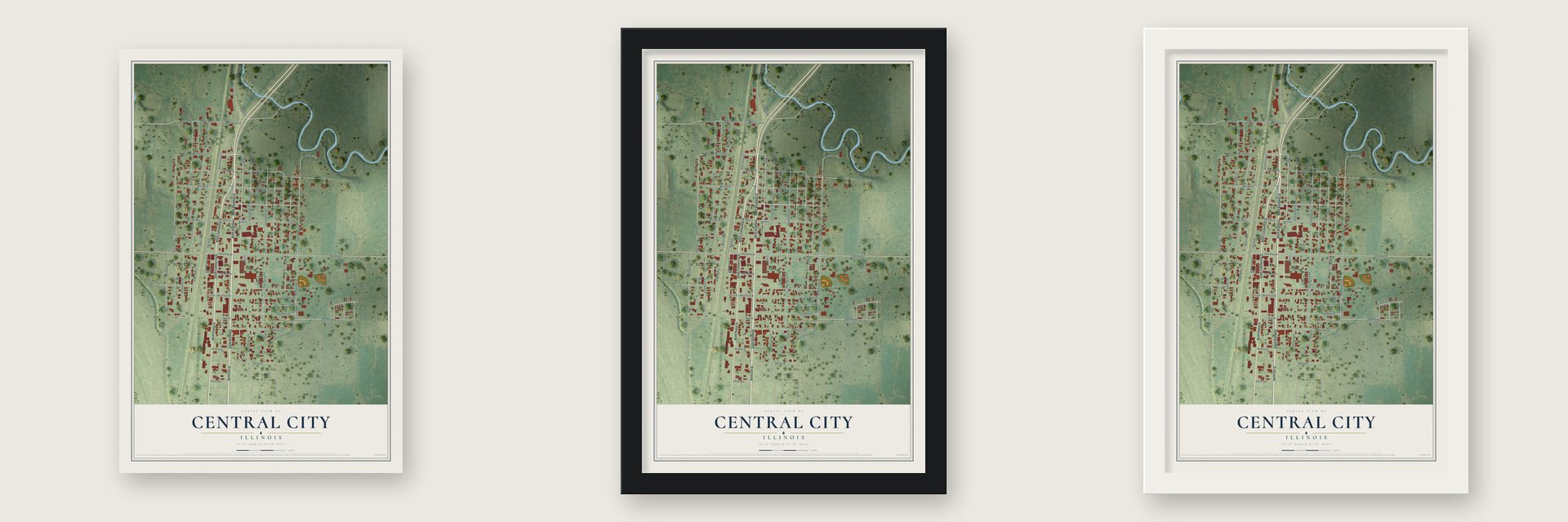 Central City, Illinois map unframed, in a black wood frame and in a white wood frame