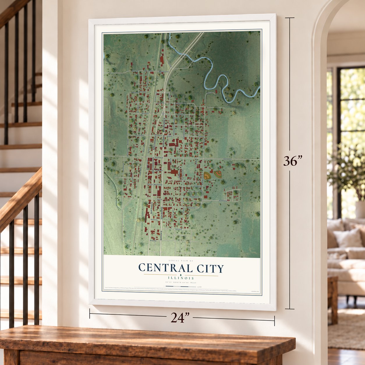 Central City, Illinois map, 24 x 36 inch print in a white frame by a staircase