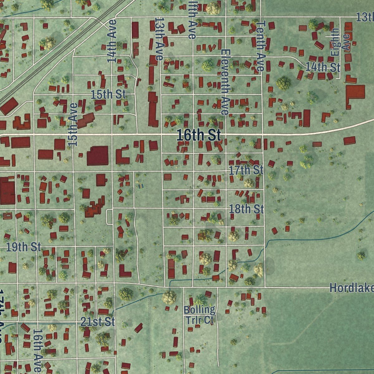 Second close-up of the map of Central City, Nebraska print showing more streets and buildings