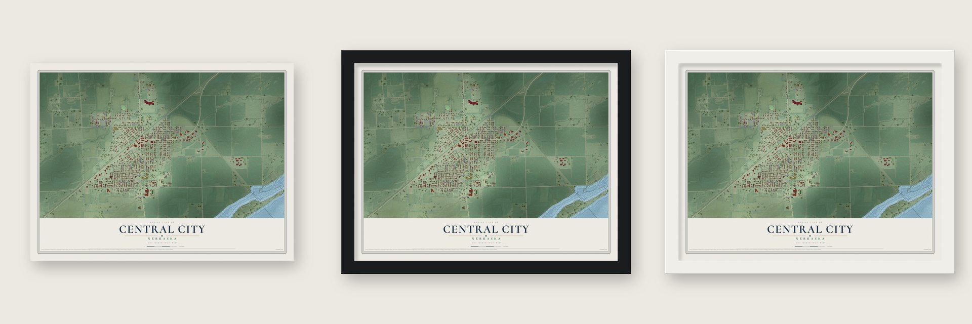 Central City, Nebraska map unframed, in a black wood frame and in a white wood frame