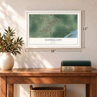 Central City, Nebraska map, 12 x 18 inch print in a white frame in an entryway