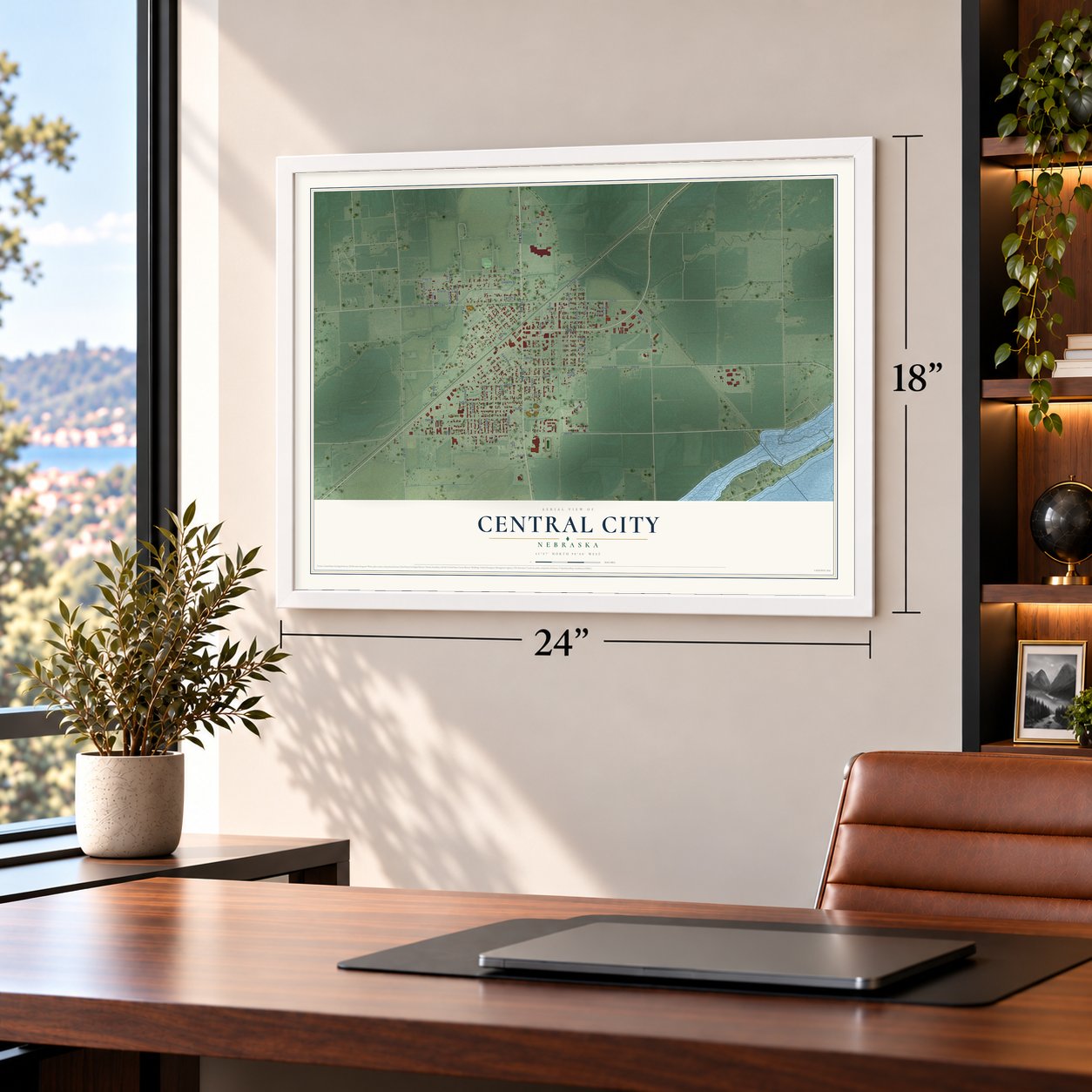 Central City, Nebraska map, 18 x 24 inch print in a white frame in a home office