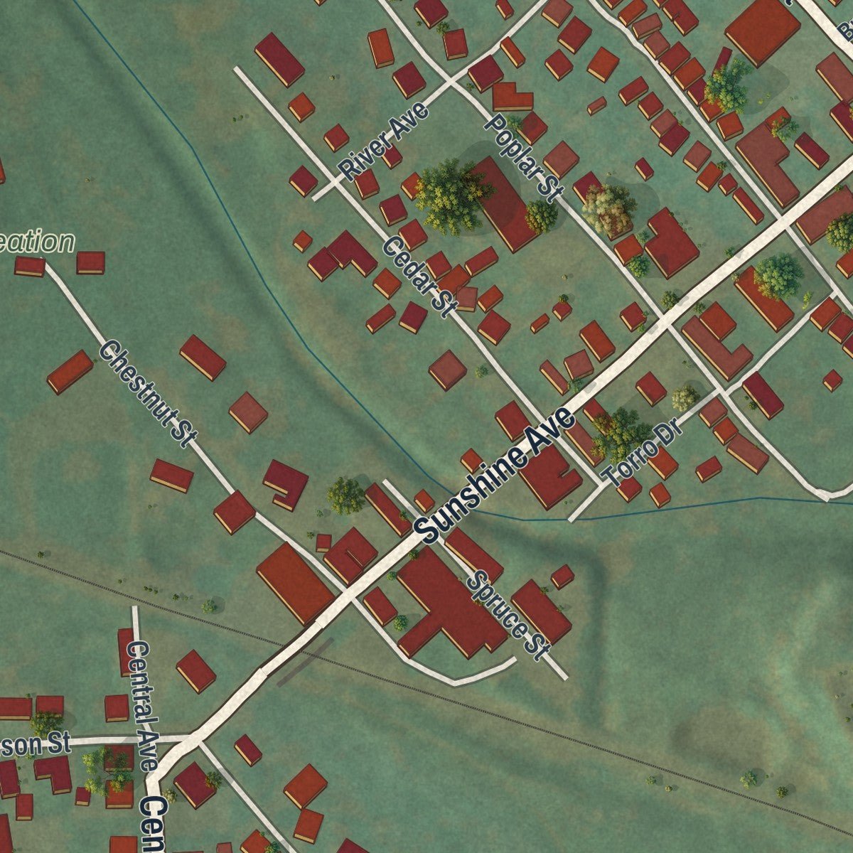 Second close-up of the map of Central City, Pennsylvania print showing more streets and buildings