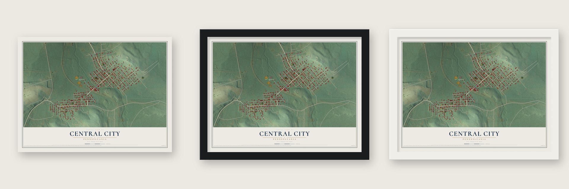 Central City, Pennsylvania map unframed, in a black wood frame and in a white wood frame