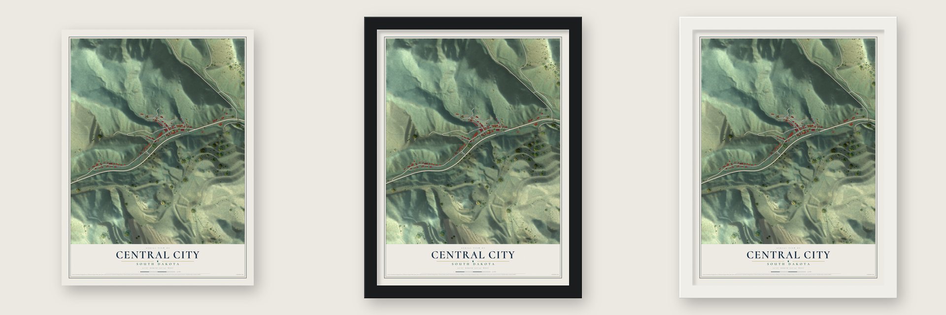 Central City, South Dakota map unframed, in a black wood frame and in a white wood frame