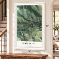 Central City, South Dakota map, 24 x 36 inch print in a white frame by a staircase
