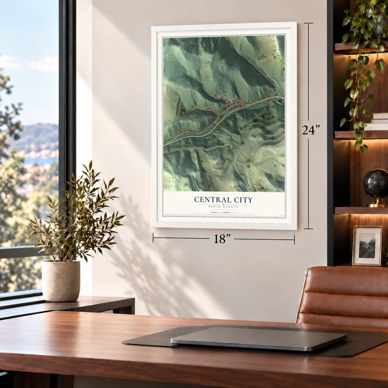 Central City, South Dakota map, 18 x 24 inch print in a white frame in a home office