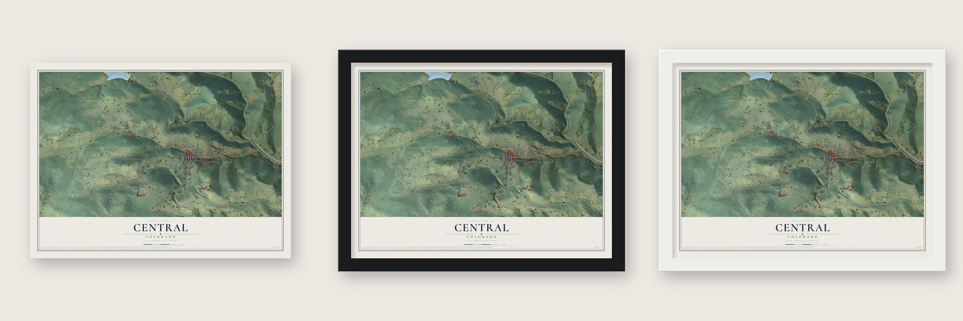 Central, Colorado map unframed, in a black wood frame and in a white wood frame