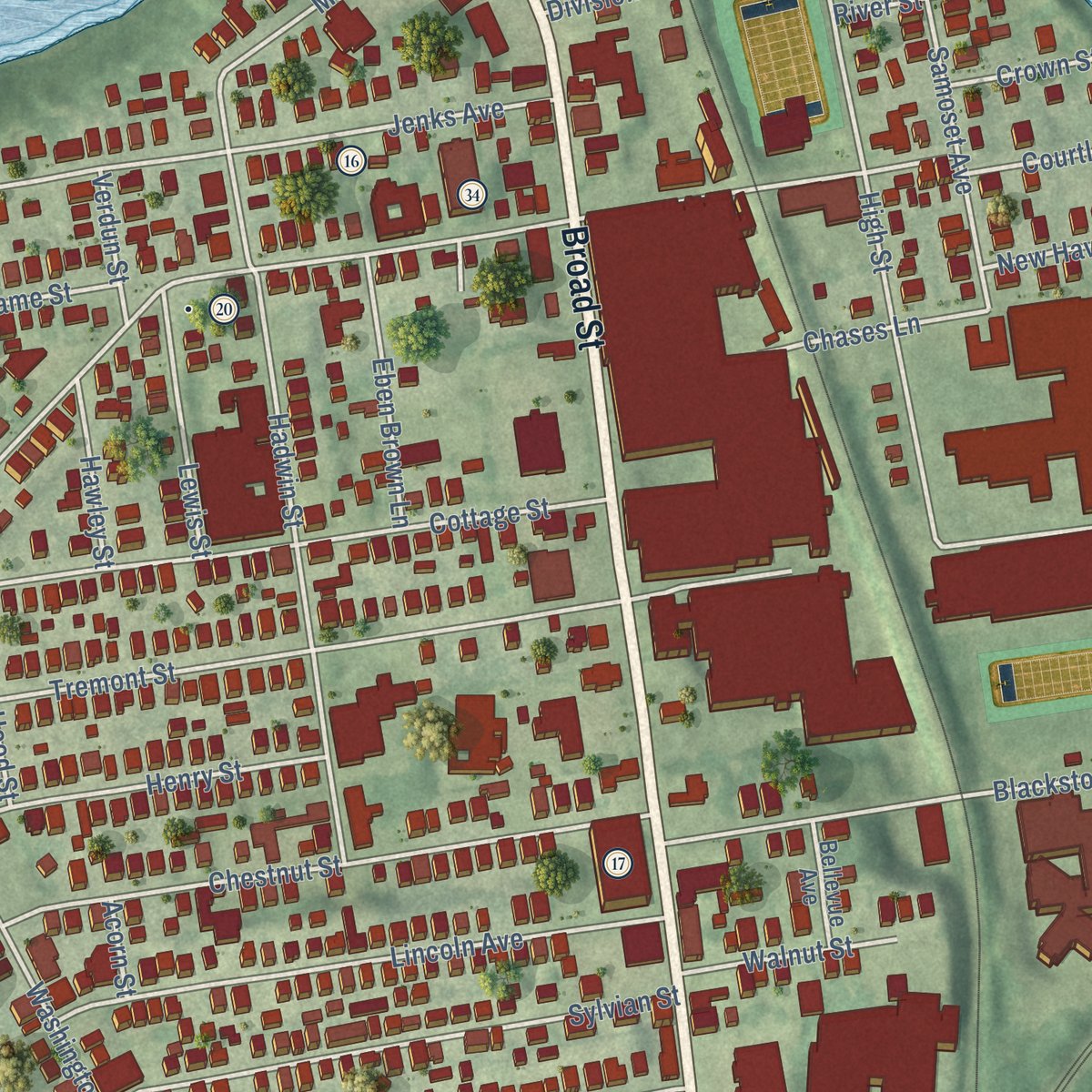 Second close-up of the map of Central Falls, Rhode Island print showing more streets and buildings