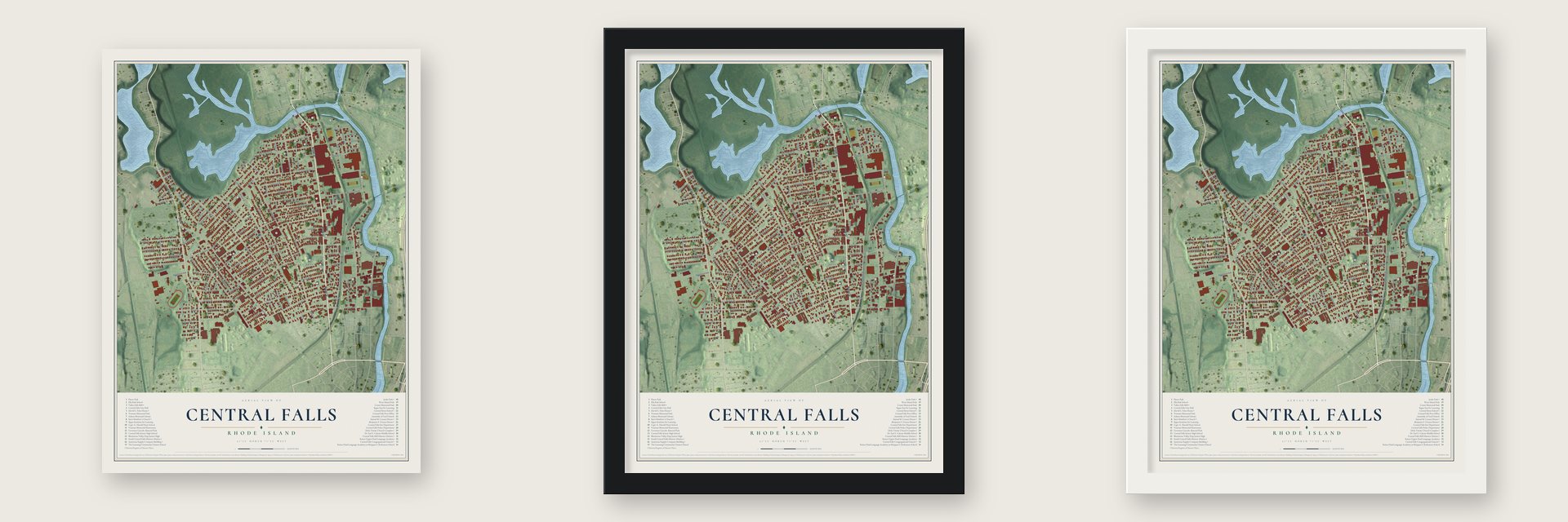 Central Falls, Rhode Island map unframed, in a black wood frame and in a white wood frame