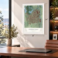 Central Falls, Rhode Island map, 18 x 24 inch print in a white frame in a home office