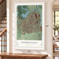 Central Falls, Rhode Island map, 24 x 36 inch print in a white frame by a staircase
