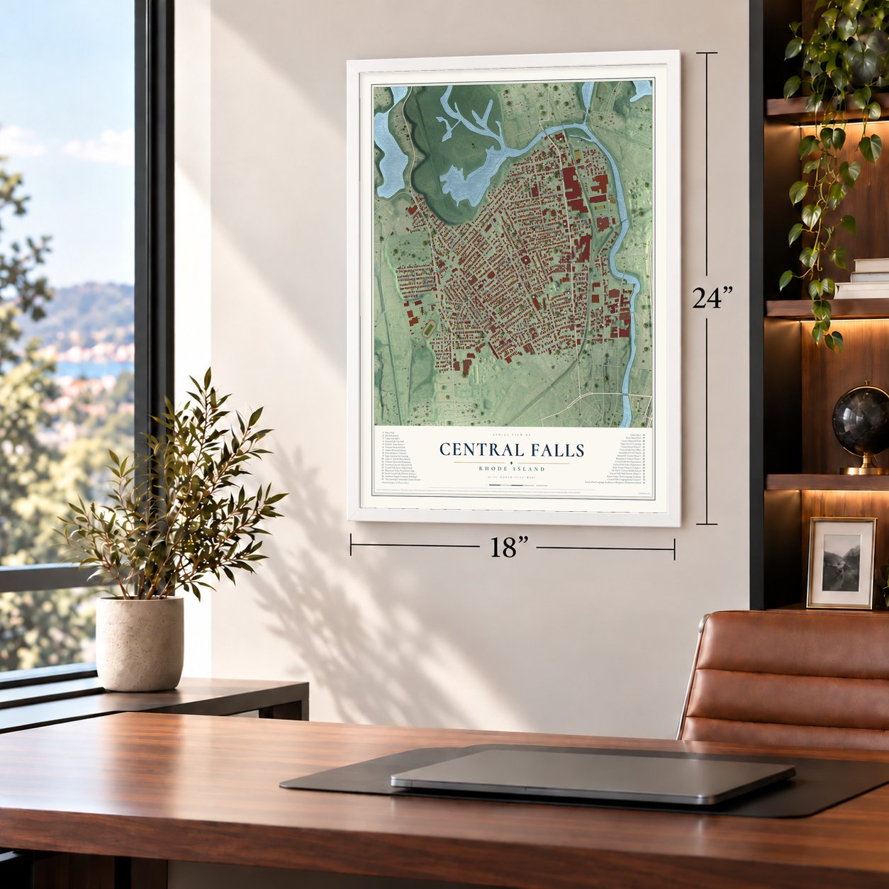 Central Falls, Rhode Island map, 18 x 24 inch print in a white frame in a home office