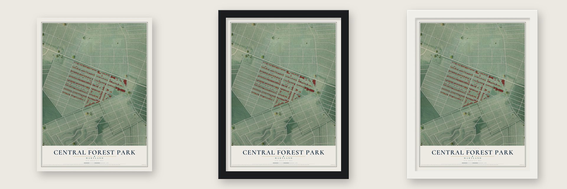 Central Forest Park, Maryland map unframed, in a black wood frame and in a white wood frame