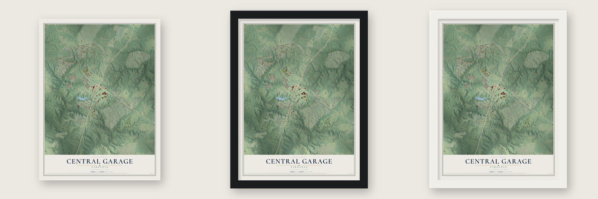 Central Garage, Virginia map unframed, in a black wood frame and in a white wood frame