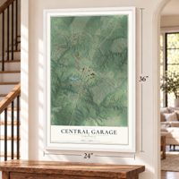 Central Garage, Virginia map, 24 x 36 inch print in a white frame by a staircase