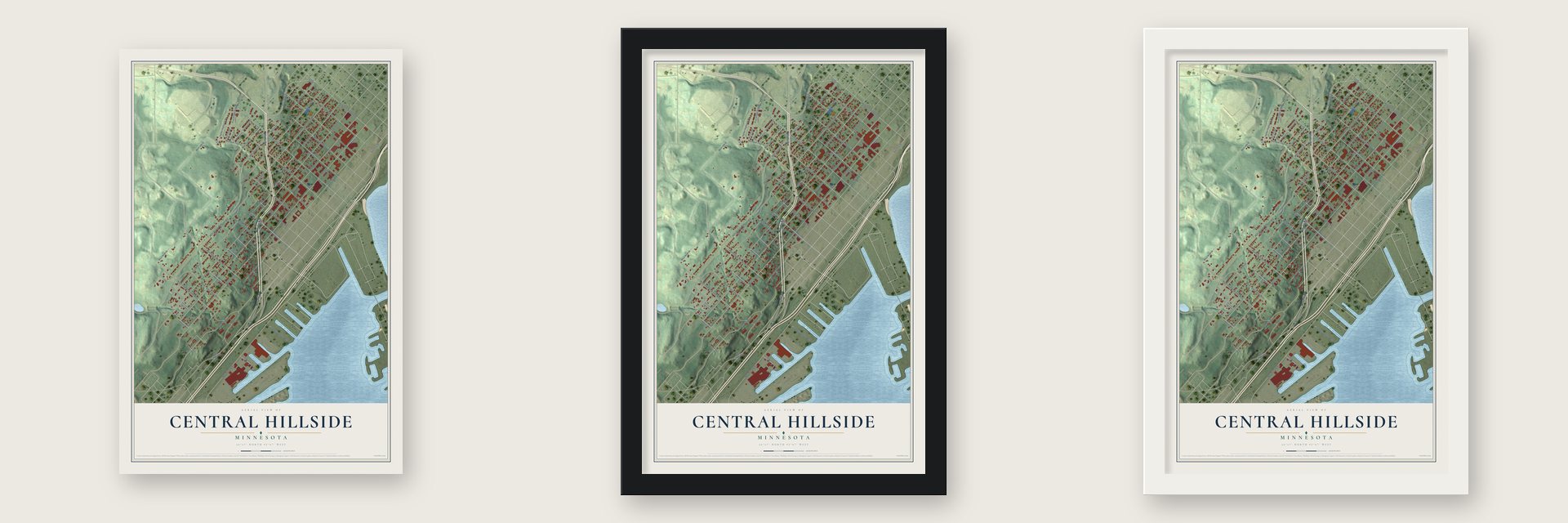 Central Hillside, Minnesota map unframed, in a black wood frame and in a white wood frame