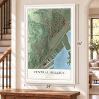 Central Hillside, Minnesota map, 24 x 36 inch print in a white frame by a staircase