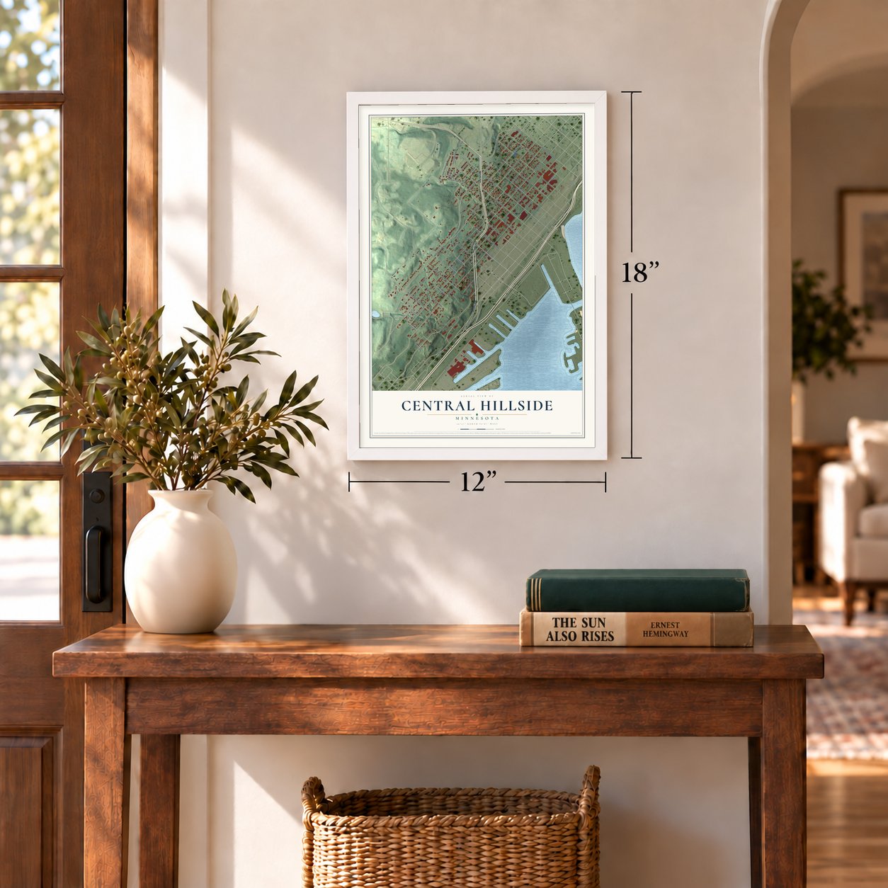 Central Hillside, Minnesota map, 12 x 18 inch print in a white frame in an entryway
