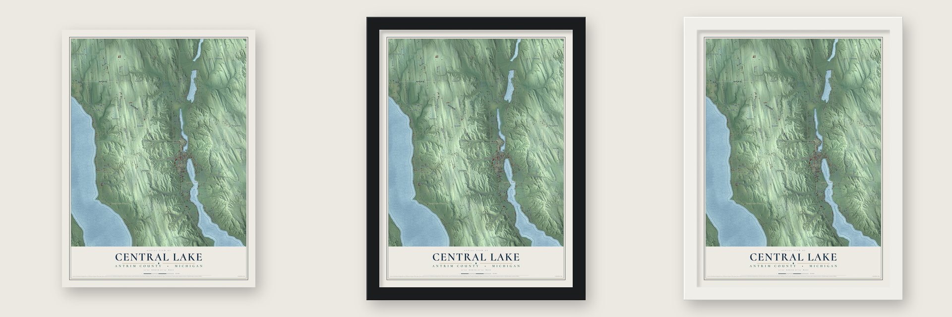 Central Lake, Antrim County, Michigan map unframed, in a black wood frame and in a white wood frame