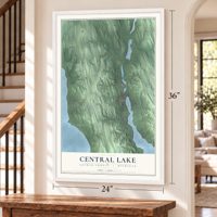 Central Lake, Antrim County, Michigan map, 24 x 36 inch print in a white frame by a staircase