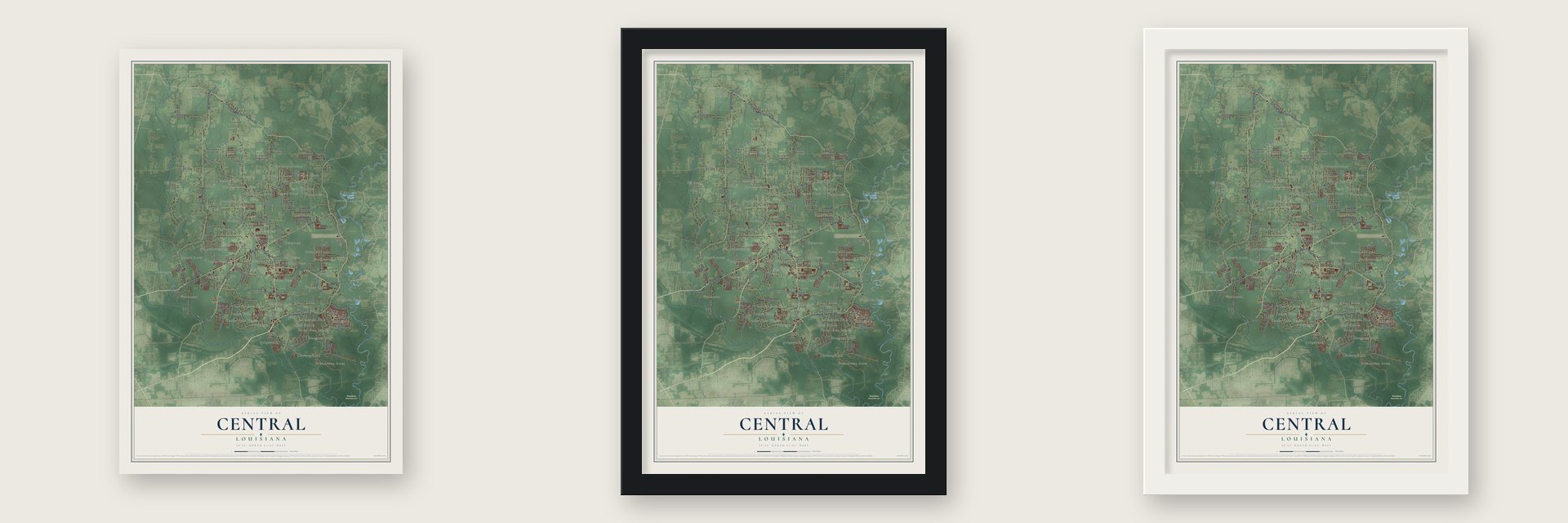 Central, Louisiana map unframed, in a black wood frame and in a white wood frame
