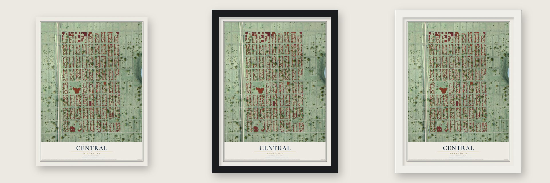 Central, Minnesota map unframed, in a black wood frame and in a white wood frame