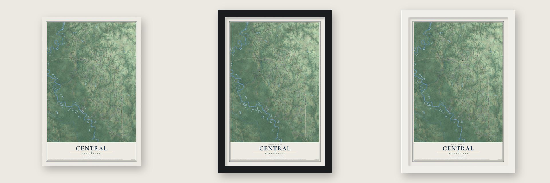 Central, Mississippi map unframed, in a black wood frame and in a white wood frame
