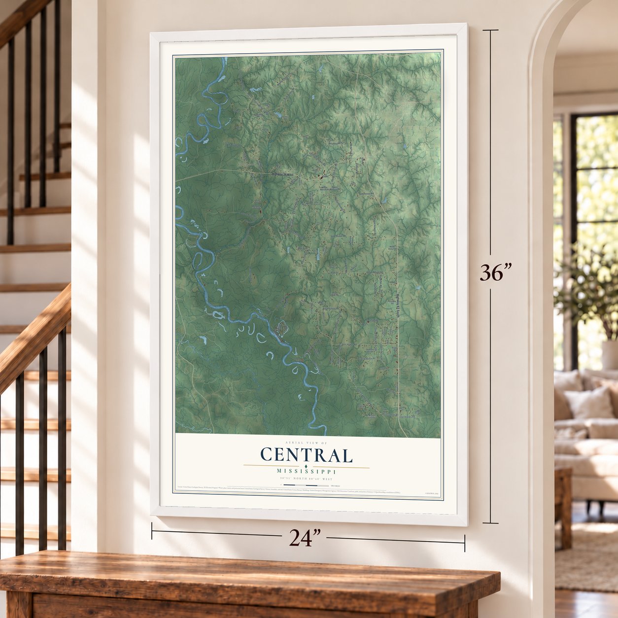 Central, Mississippi map, 24 x 36 inch print in a white frame by a staircase