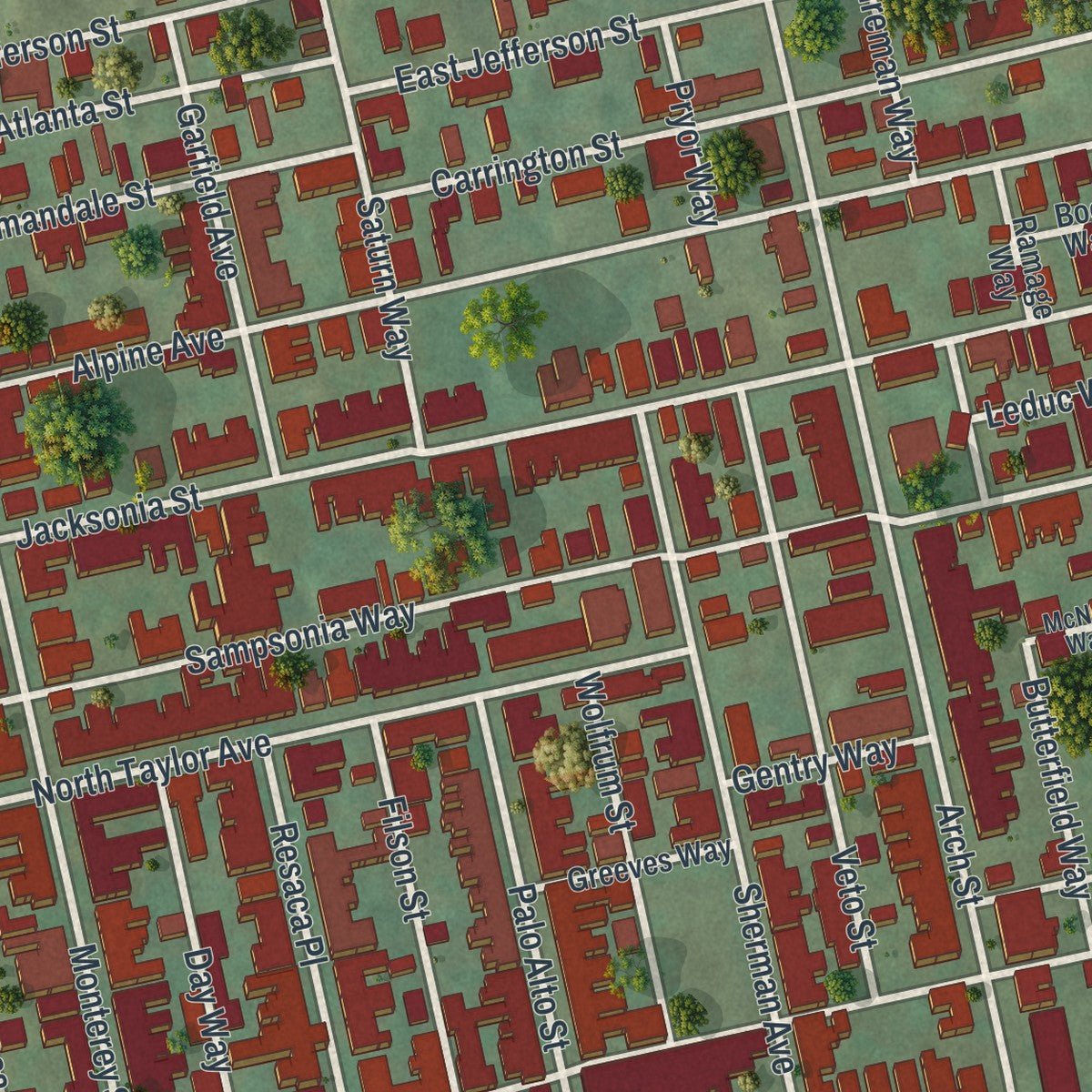 Second close-up of the map of Central Northside, Pennsylvania print showing more streets and buildings